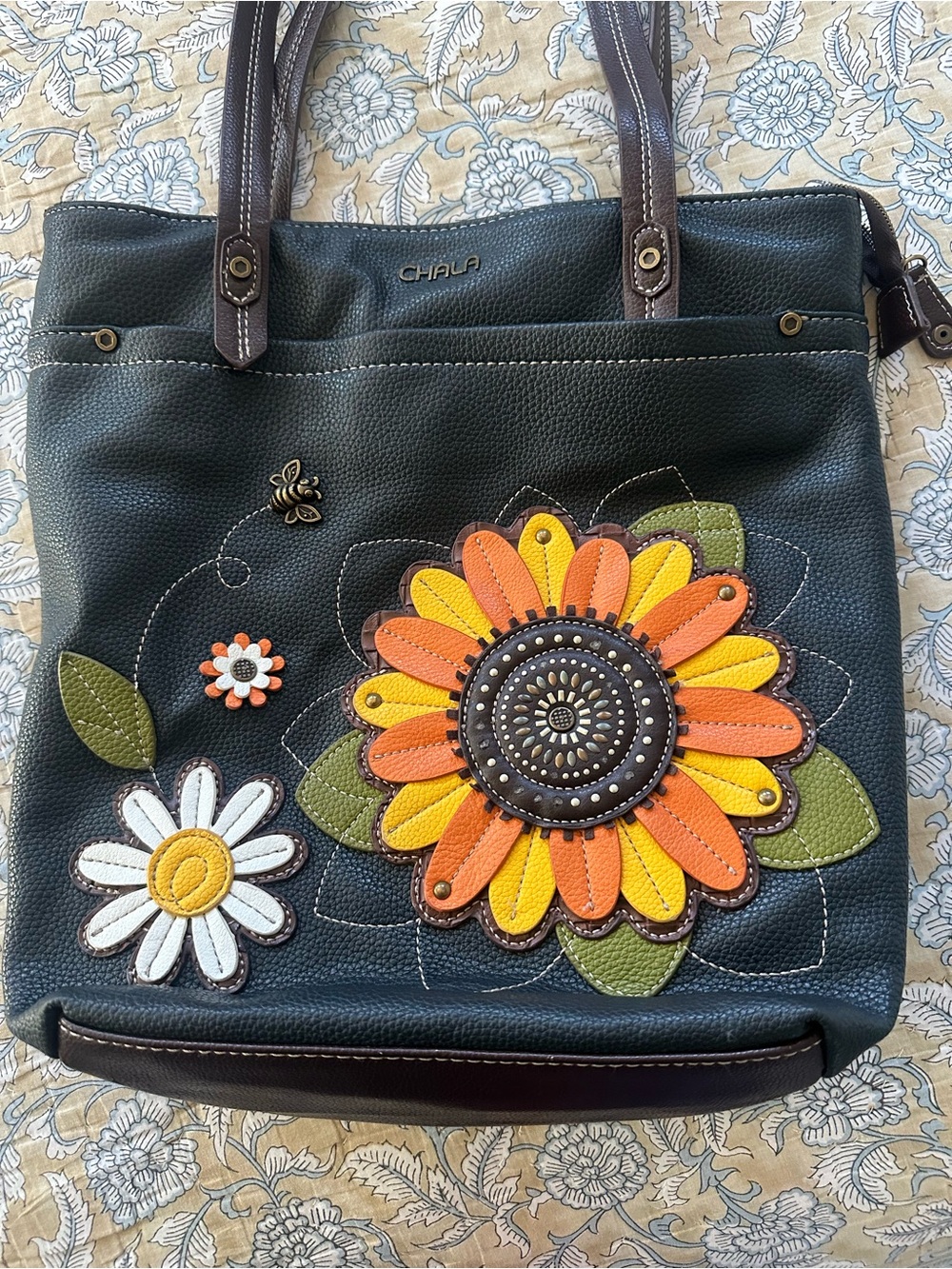 Chala Dark Green Tote with Orange & Yellow Floral Appliqué